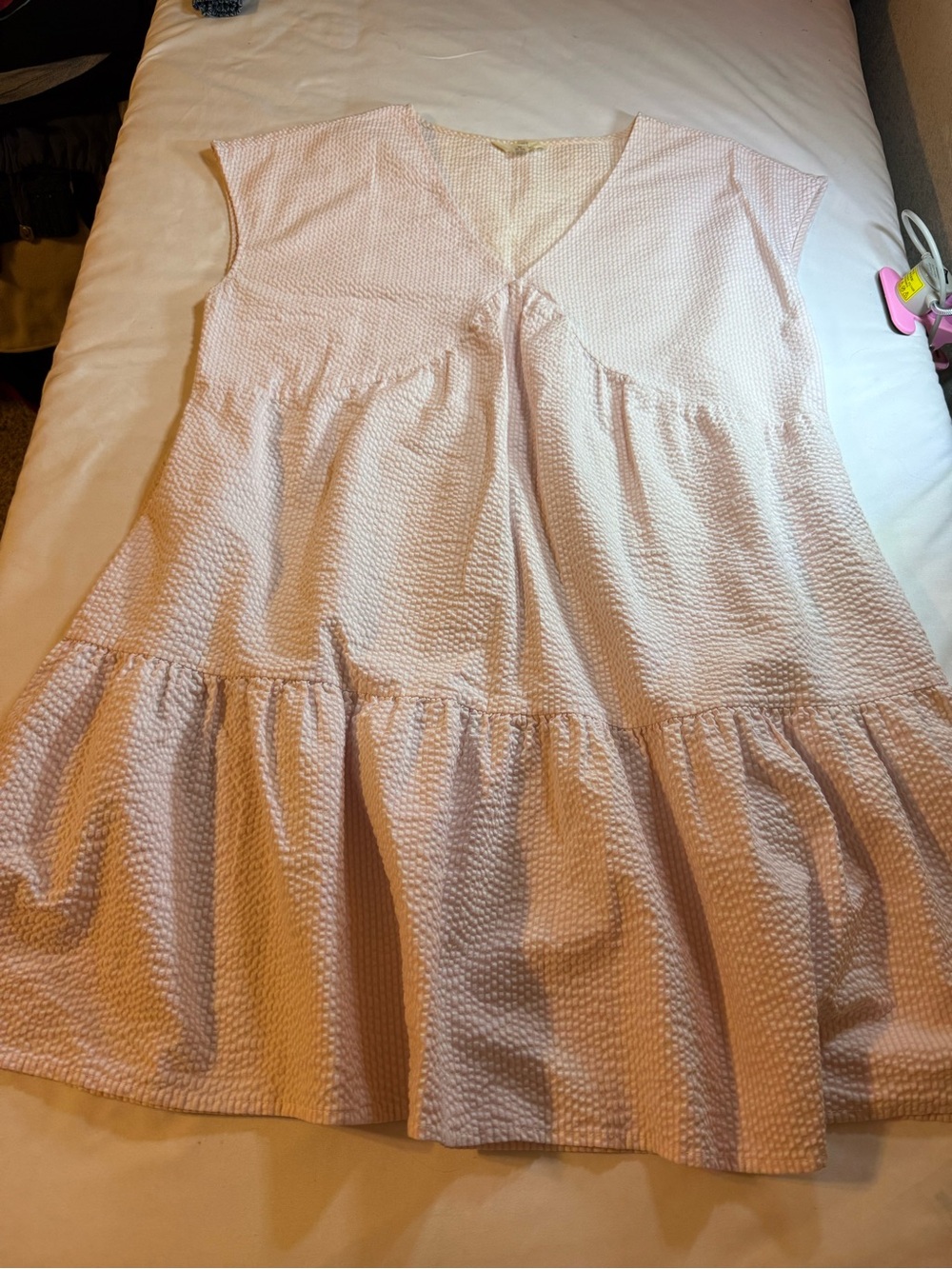 Time and Tru Light Pink V-Neck Tiered Seersucker Dress